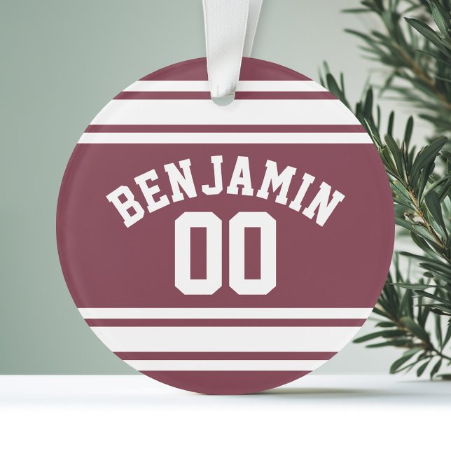 Maroon und White Jersey Stripes Individuelle Name Ornament (Personalized Ornament - Sports Theme)