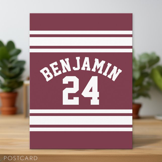 Maroon und White Jersey Stripes Individuelle Name Postkarte (Custom Postcard)