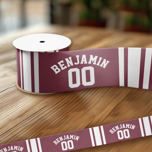 Maroon und White Jersey Stripes Individuelle Name Satinband (Custom Ribbon - Personalize with your text)