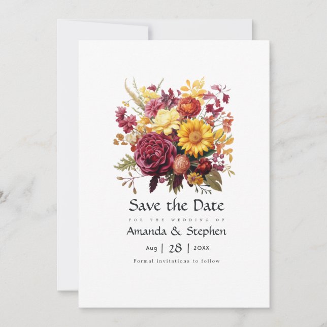Maroon und Yellow Floral Wedding Save The Date (Vorderseite)