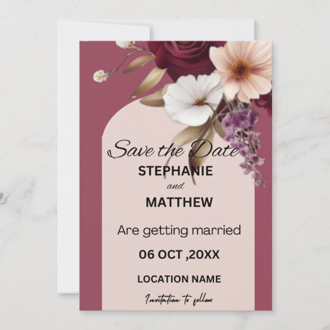 Maroon Watercolor Floral Save the Date Einladung (Vorderseite)