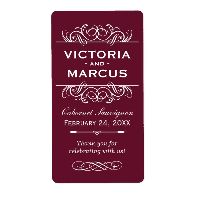 Maroon Wedding Wine Bottle Monogram Fevor Labels (Vorne)