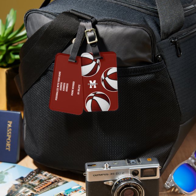 Maroon weiß Basketball Team Farben Gepäckanhänger (Vorderseite & Rückseite)