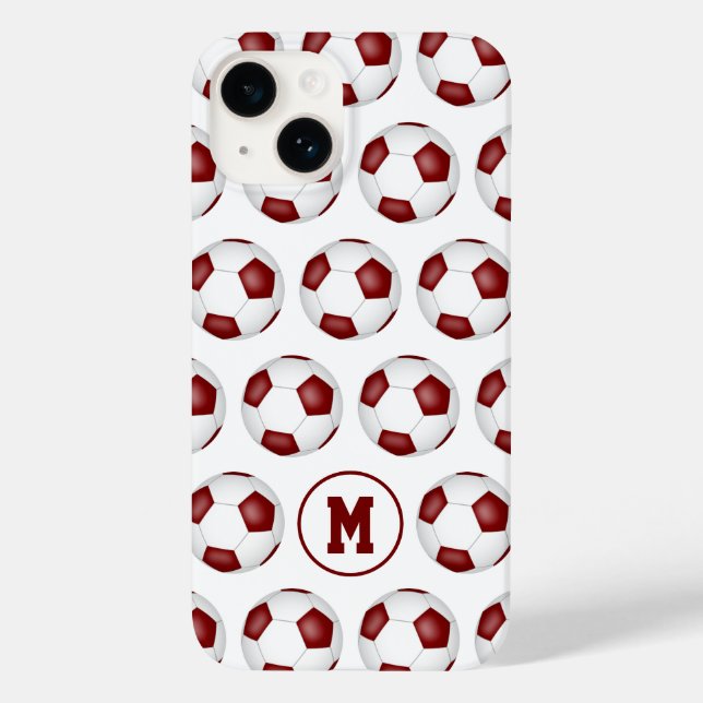 Maroon-Weiß-Fußbälle Muster mit Monogramm Case-Mate iPhone Hülle (Rückseite)