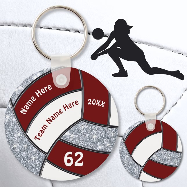 Maroon, Weiß, Silberpreiswerter Volleyball-Schlüss Schlüsselanhänger (Girls Personalized, Volleyball Souvenirs. Cheap Maroon, White and Silver, Volleyball party favors. )