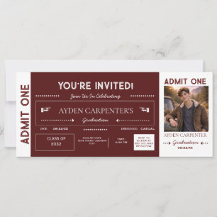 Maroon & White Abschluss Faux-Ticket   Einladung