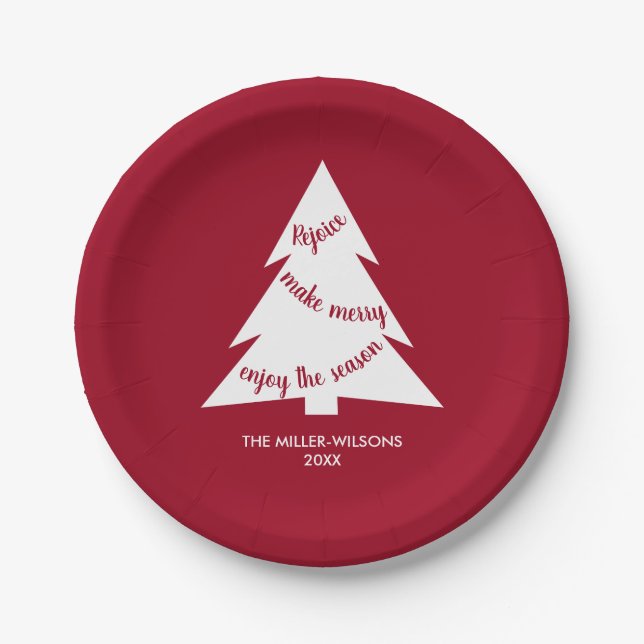 Maroon White Christmas Tree Name Holiday Party Pappteller (Vorderseite)