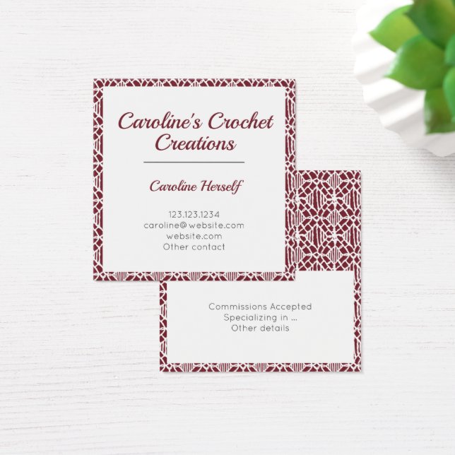 Maroon White Crochet Lace Pattern Business Card (Schreibtisch)