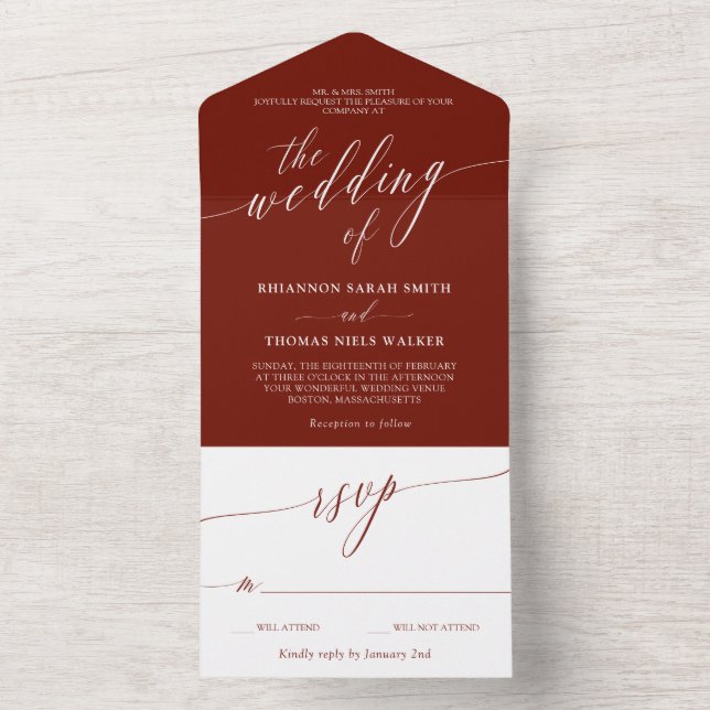 Maroon White Delicate Calligraphy Wedding All In One Einladung (Innen Boden)