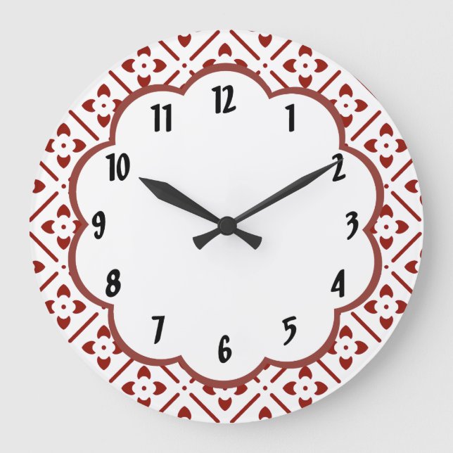 Maroon White Floral Retro Muster Wall Clock Große Wanduhr (Vorderseite)