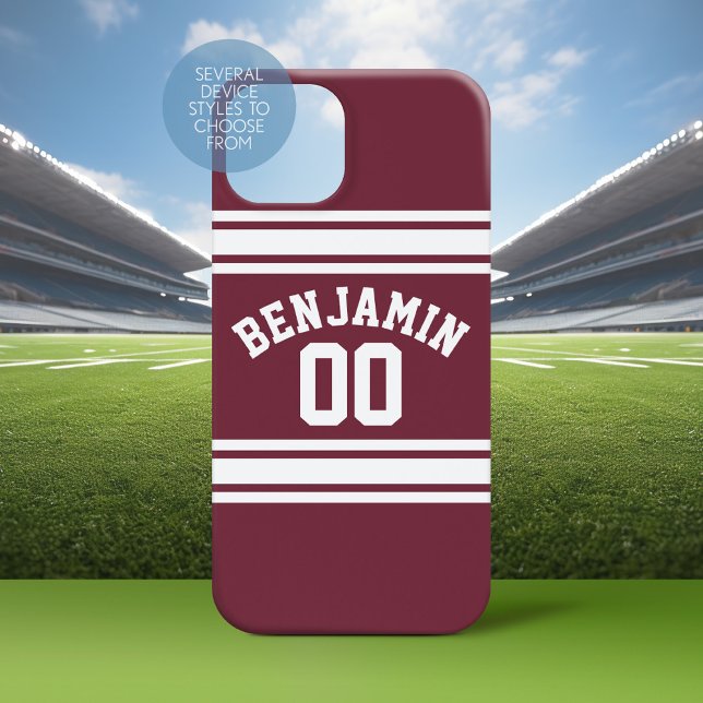 Maroon White Jersey Stripes Individuelle Name Numm Case-Mate iPhone Hülle (Personalized Phone Case with a Football Jersey Stripe Design)