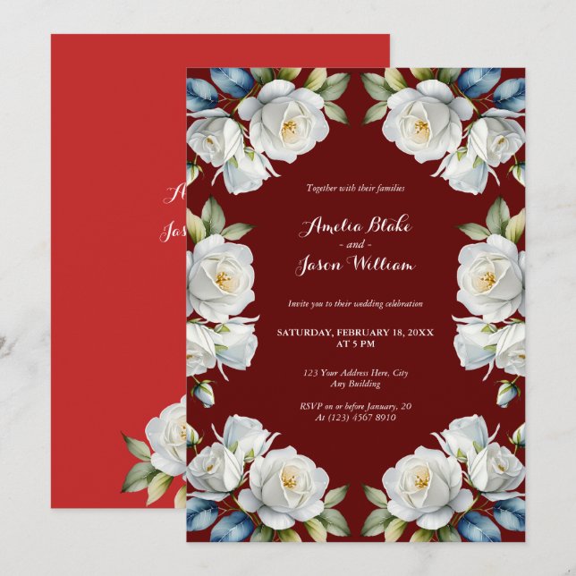 Maroon White Rose Border Wedding Einladung (Vorne/Hinten)