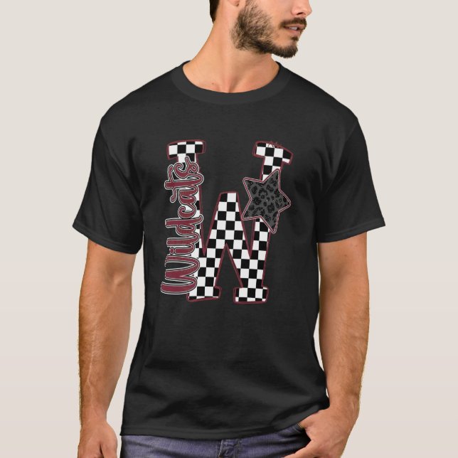 Maroon Wildcats Checkered Print Star Leopard Schoo T-Shirt (Vorderseite)