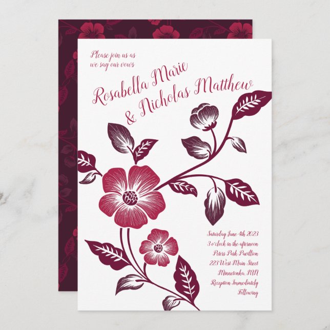 Maroon Wine Dark Letterpress Floral Wedding Einladung (Vorne/Hinten)