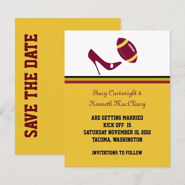 Maroon & Yellow Football Wedding retten das Datum Einladung (Vorne/Hinten)