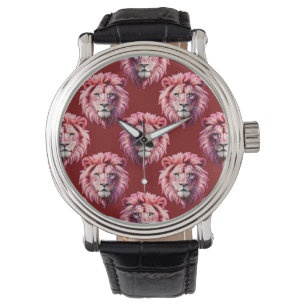 Maroonfarbener Löwenkopf-Design Armbanduhr
