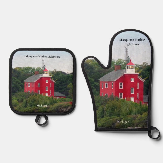 Marquette Harbor Lighthouse Ofenhandschuh & Topflappen-Set (Vorderseite)