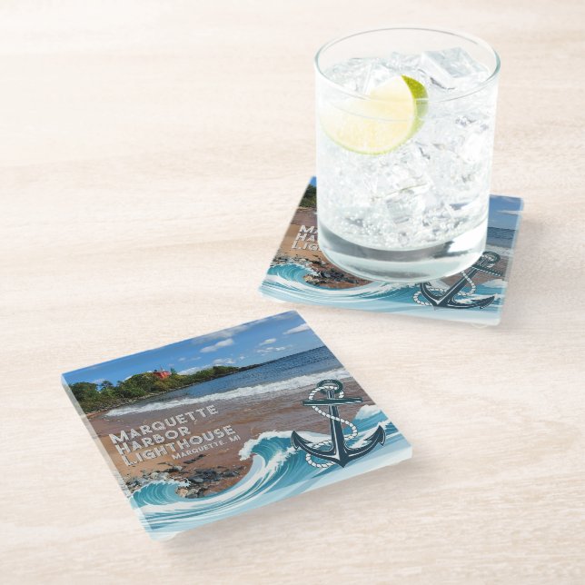 Marquette Harbour Lighthouse, Marquette, MI Glasuntersetzer (Schrägansicht)