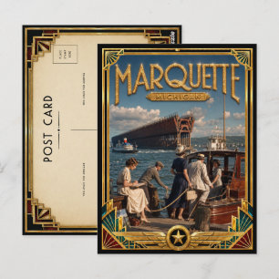 Marquette Michigan Vintage Art Deco Goldenes Zeita Postkarte