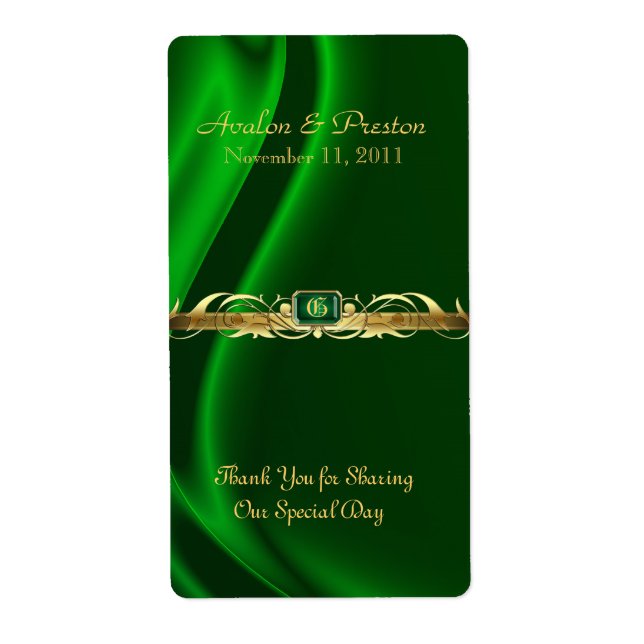 Marquis Green Silk Gold Scroll Wine Wedding Label (Vorne)