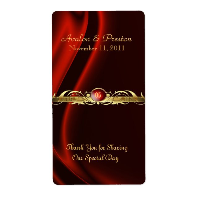 Marquis Red Silk Gold Scroll Wine Wedding Label (Vorne)