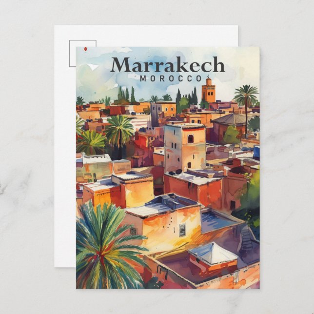 Marrakech Marokko Wasserfarbenmalerei Reisen Postkarte (Vorne/Hinten)