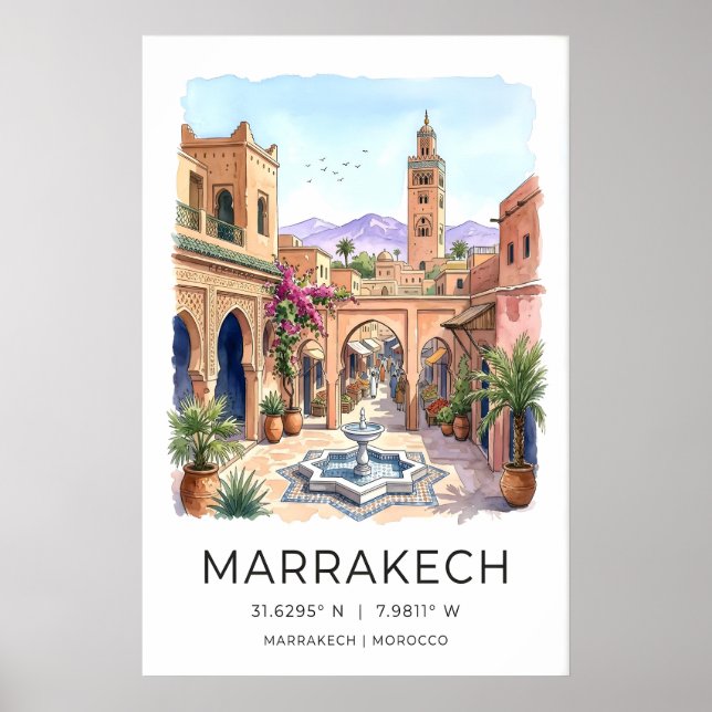 Marrakech Wall Art Print Watercolor Cityscape Poster (Vorne)