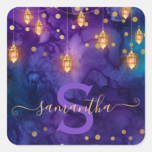 Marrakesch Midnight Lanterns & Gold Bokeh Monogram Quadratischer Aufkleber