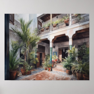 Marrakesch Riad Aquarell Kunst Druck Poster