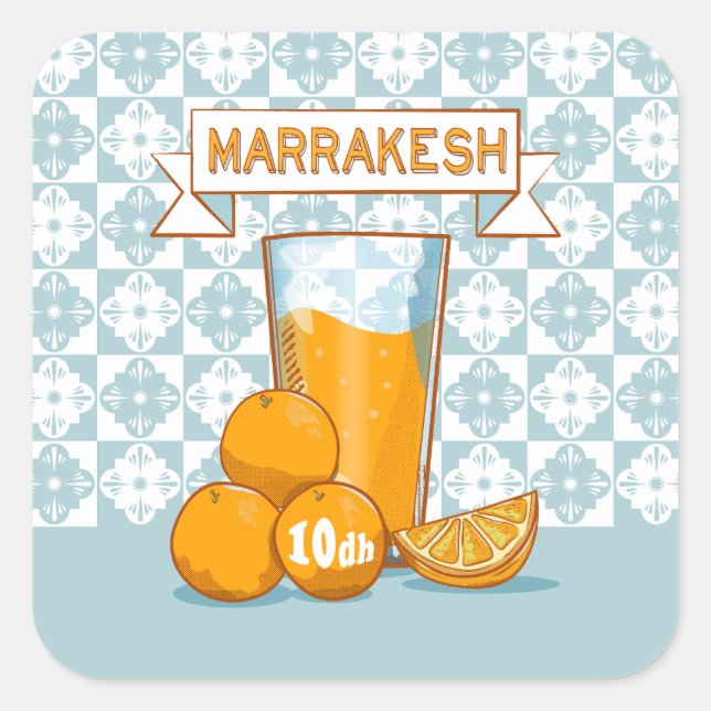 MARRAKESH Orange Juice Retro Poster Quadratischer Aufkleber (Vorderseite)