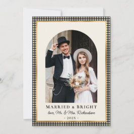 Married and Bright Arch Photo Black Gold Plaid Feiertagskarte