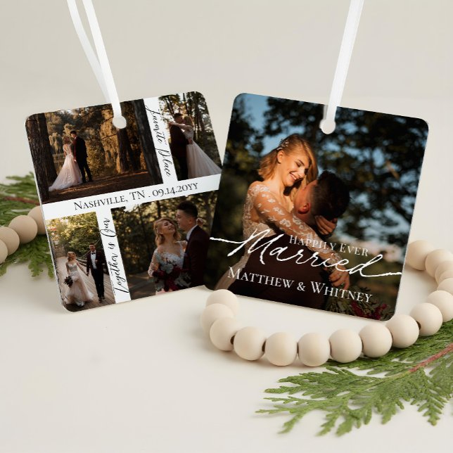 Married Couple 1st Christmas Elegant Photo Collage Ornament Aus Metall (Married Couple 1st Christmas Elegant Photo Collage Metal Ornament)