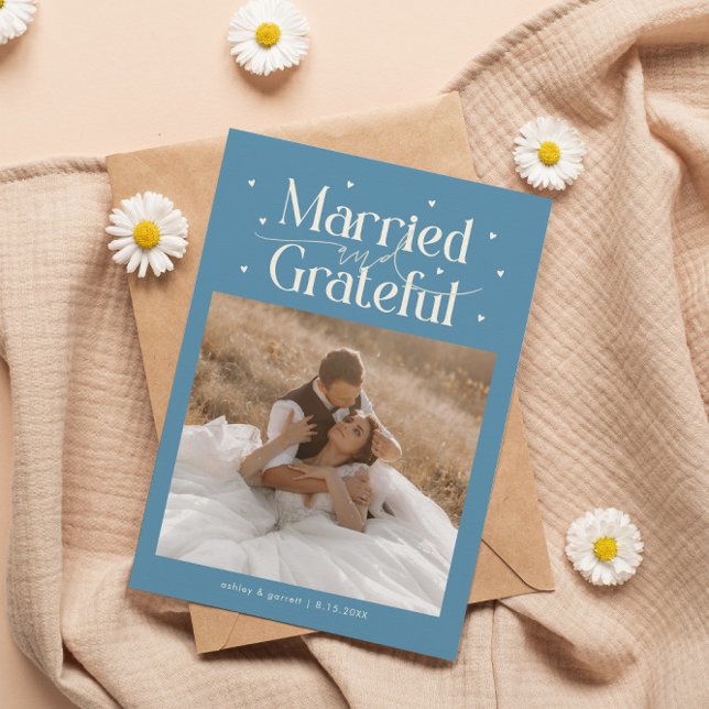 Married & Grateful Wedding Photo Denim Blue Dankeskarte (Von Creator hochgeladen)