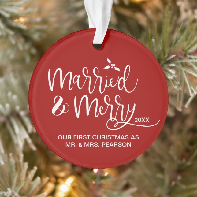 Married & Merry First Christmas double sided red Ornament (Baum)
