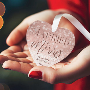 Married & Merry Rose Gold Twinkling Lights Photo Ornament
