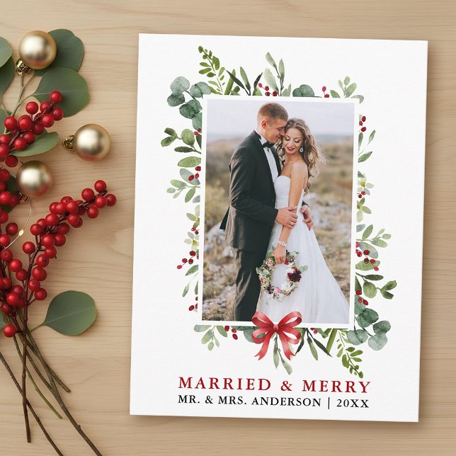 Married & Merry Watercolor Greenery Red Bow Postkarte (Customize to change text size or text style.)