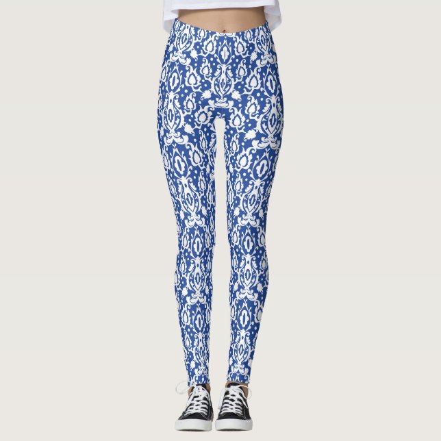 Marrokanisches Blau und Weiß Moderne Casbah Damask Leggings (Vorderseite)