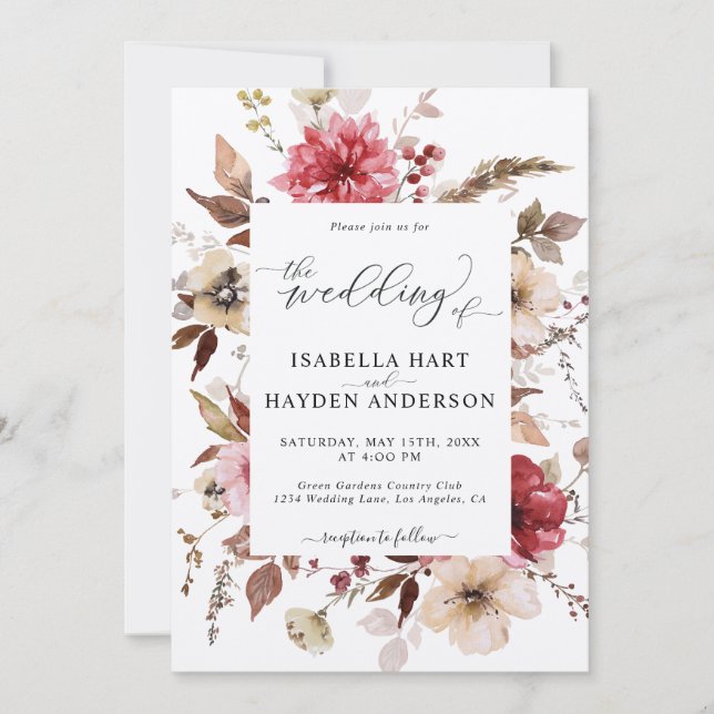 Marron Red Blush Pink Alle in 1 QR Code Hochzeit Einladung (Vorderseite)