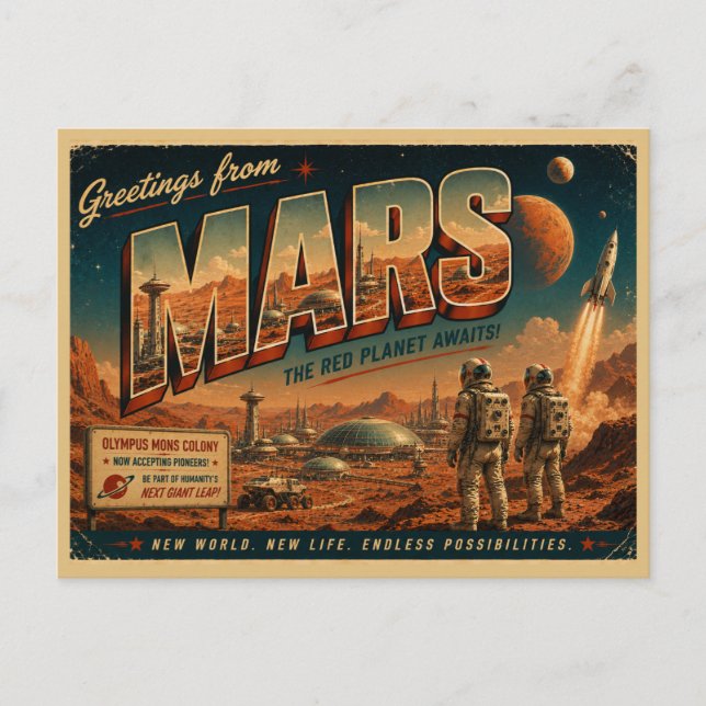 Mars Retro Sci-Fi Postkarte | Vintage roter Planet (Vorderseite)