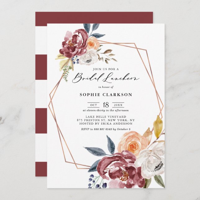 Marsala Autumn Blume Geometric Bridal Luncheon Einladung (Vorne/Hinten)