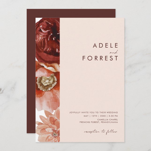 Marsala Autumn Floral | Blush All in one wedding Einladung (Vorne/Hinten)