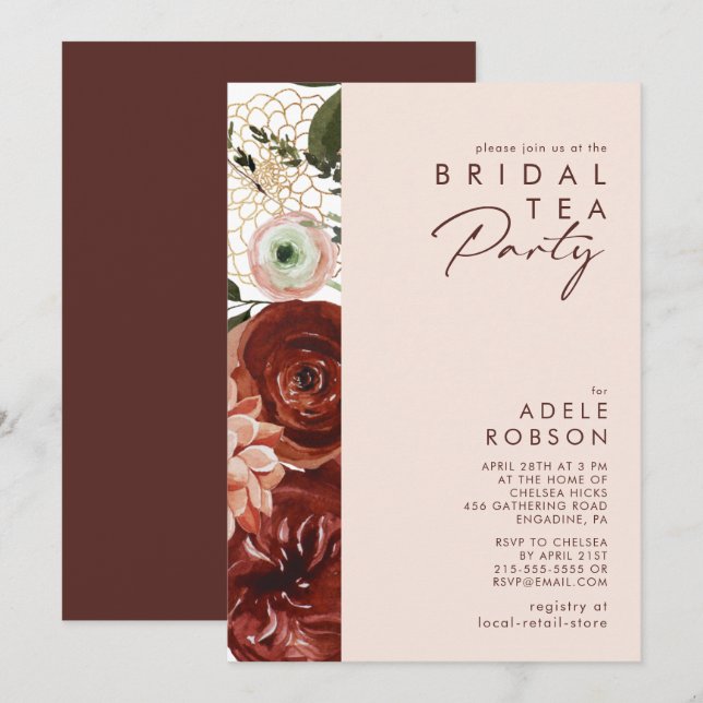Marsala Autumn Floral | Blush Bridal Tee Party Einladung (Vorne/Hinten)