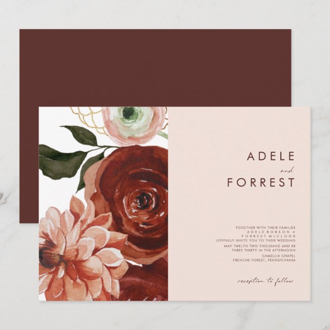 Marsala Autumn Floral | Blush Horizontal Wedding I Einladung (Vorne/Hinten)