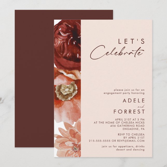 Marsala Autumn Floral | Blush Let's Celebrate Einladung (Vorne/Hinten)