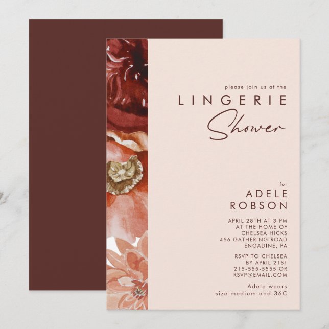 Marsala Autumn Floral | Blush Lingerie Dusche Einladung (Vorne/Hinten)