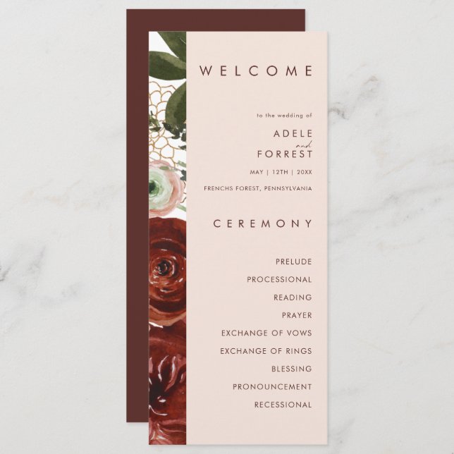 Marsala Autumn Floral | Blush Wedding Program Programm (Vorne/Hinten)