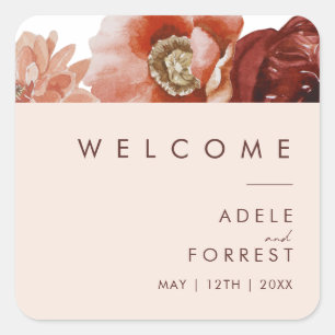 Marsala Autumn Floral Blush Wedding Welcome Quadratischer Aufkleber