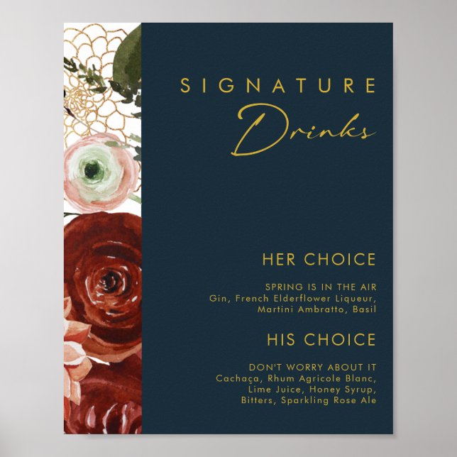 Marsala Autumn Floral | Getränke für Schiffe Poster (Vorne)