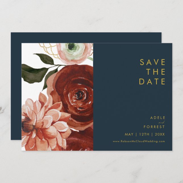 Marsala Autumn Floral | Marine Horizontal Save The Date (Vorne/Hinten)