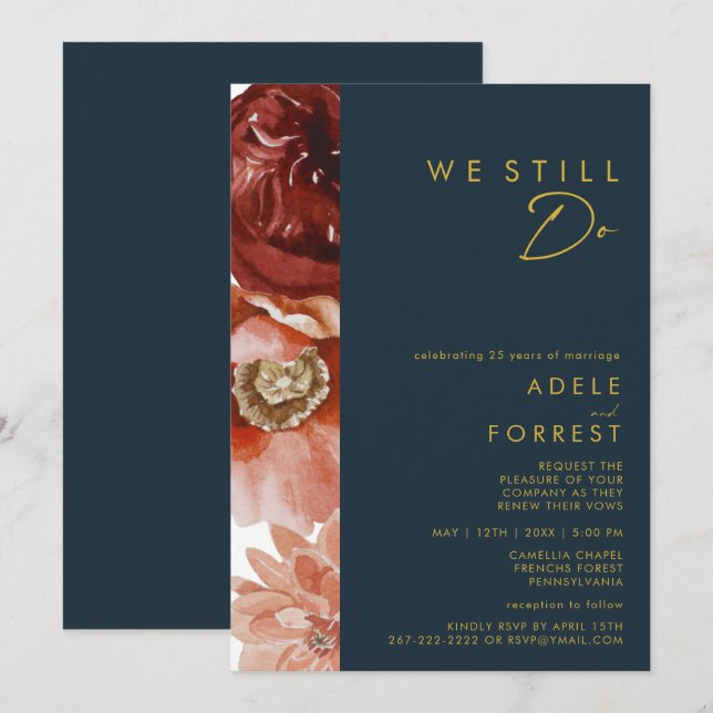 Marsala Autumn Floral | Marine wir erneuern noch Einladung (Vorne/Hinten)